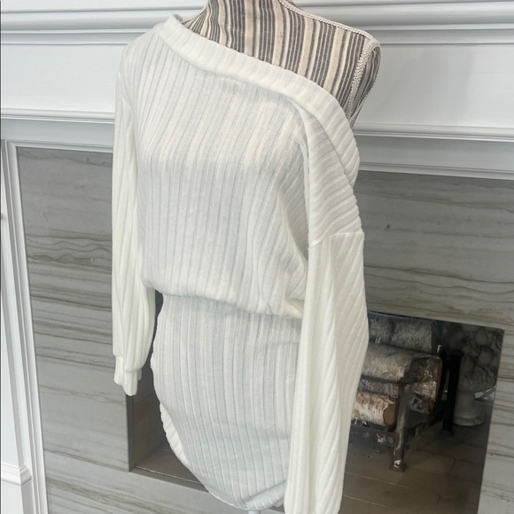 White Ribbed Off-Shoulder Dress - Picture 2 of 6